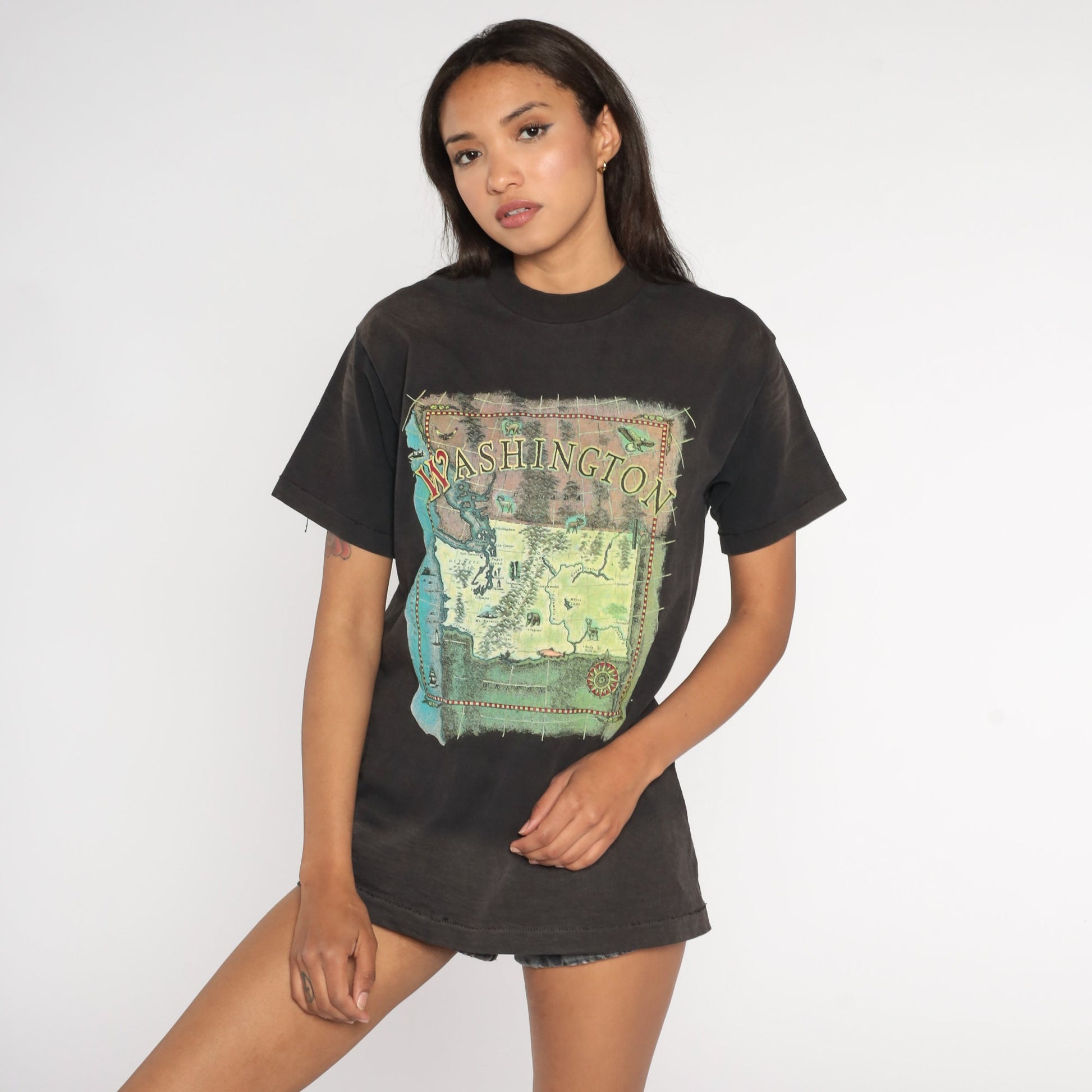 90s Washington State Map T-Shirt Black Faded Graphic Tee Medium