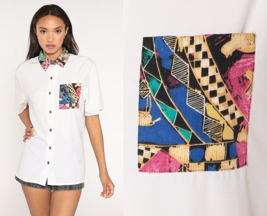 90s White Geometric Button Up Shirt Contrast Collar Short Sleeve Large L