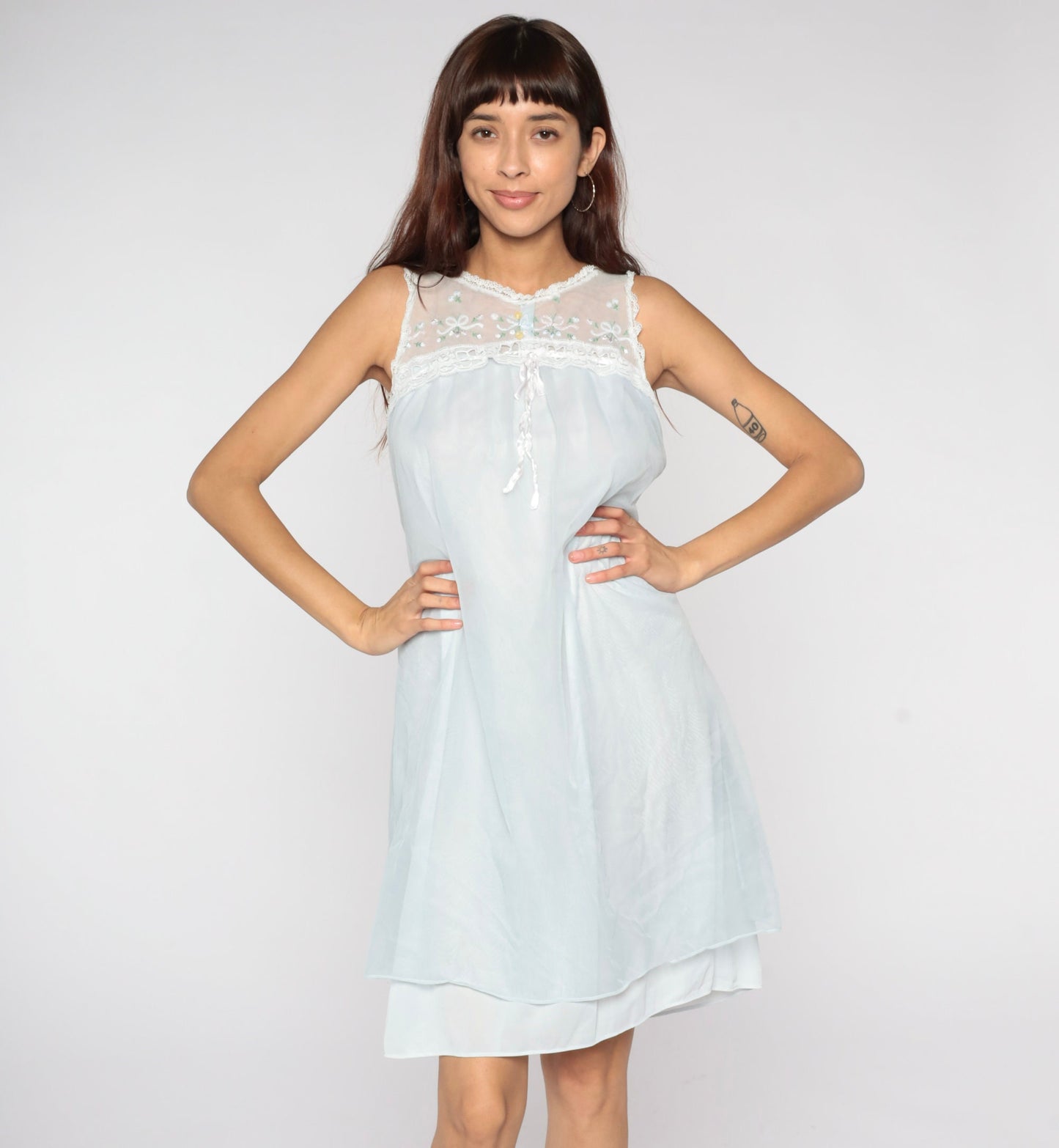 70s Baby Blue Nylon Nightgown Embroidered Lace Bib Mini Slip Dress Small