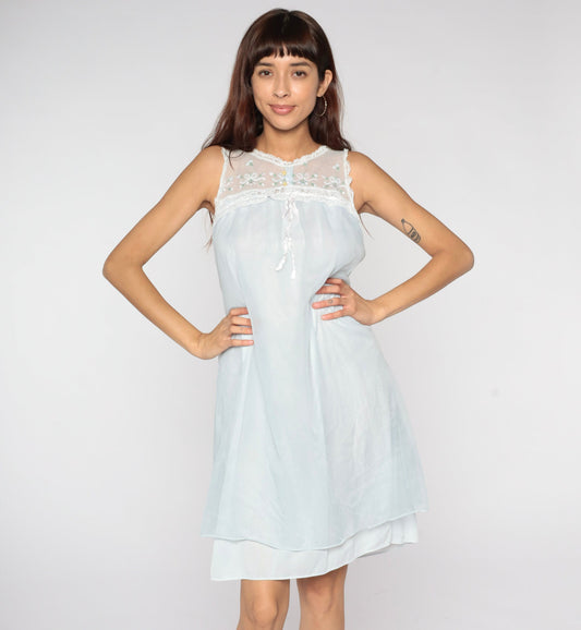 70s Baby Blue Nylon Nightgown Embroidered Lace Bib Mini Slip Dress Small