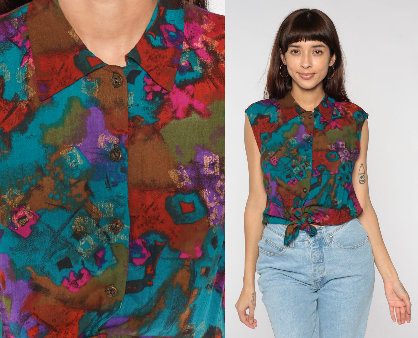 90s Abstract Print Tie Front Crop Top Rayon Button Up Collared Medium