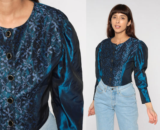 80s Metallic Blue Floral Lace Puff Sleeve Blouse Button Up Small