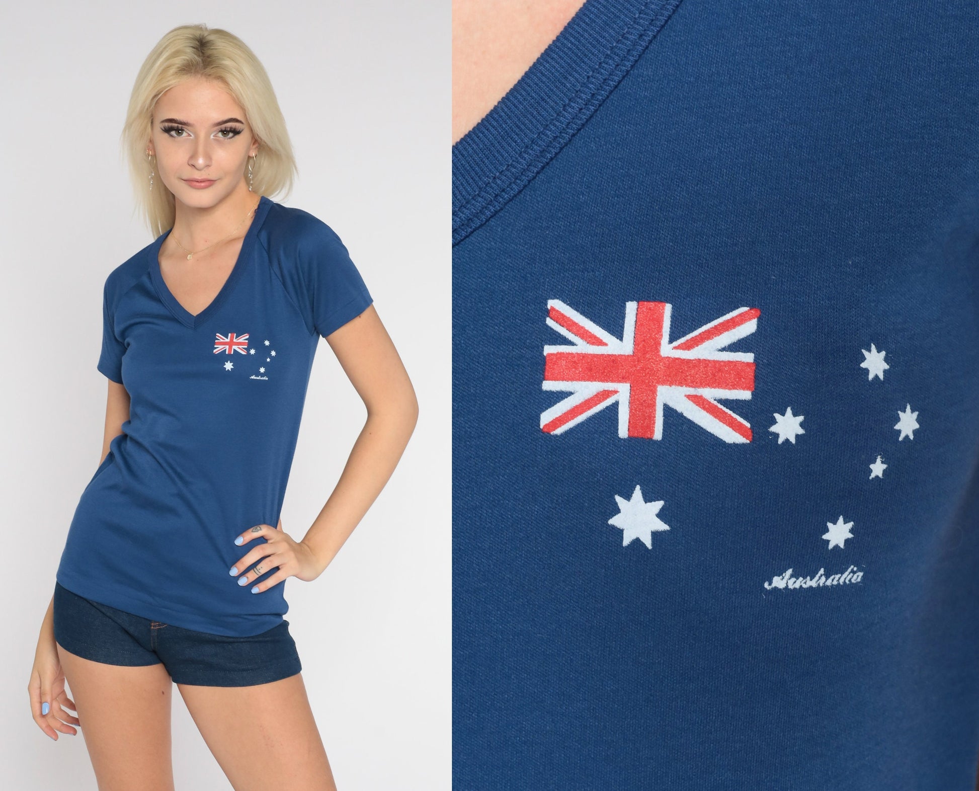 80s Australia Graphic V-Neck Raglan T-Shirt Navy Single Stitch Extra Small XS