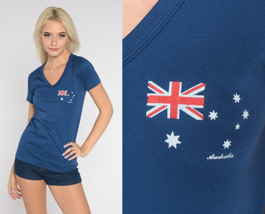 80s Australia Graphic V-Neck Raglan T-Shirt Navy Single Stitch Extra Small XS