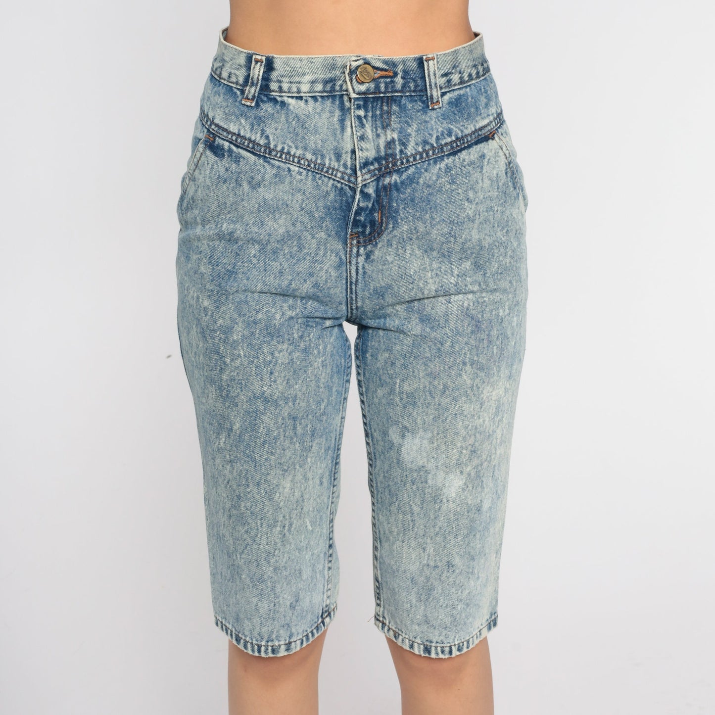 90s Acid Wash Denim Bermuda Shorts High Waist Knee Length Blue Extra Small