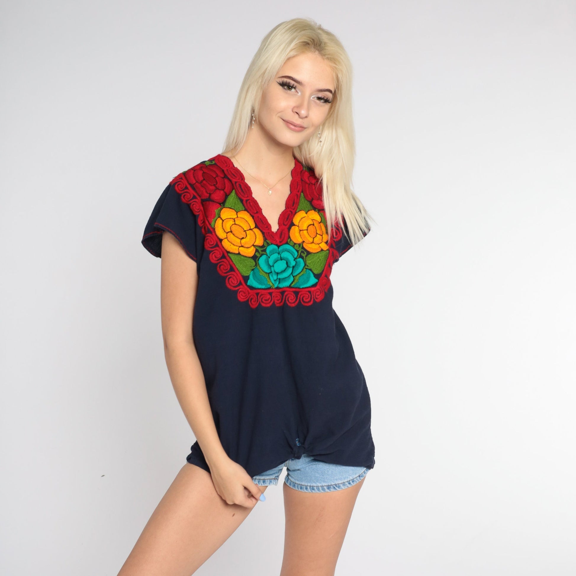 90s Mexican Navy Floral Embroidered Blouse Cap Sleeve Medium M