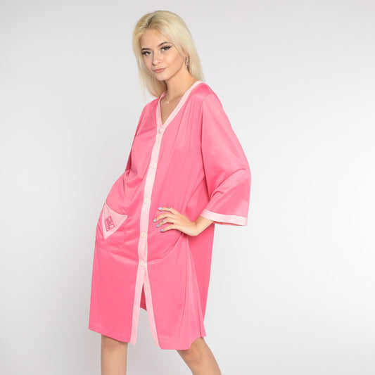 70s Pink Nylon Pajama Dress Embroidered Pocket Button-Up Nightgown Medium Large