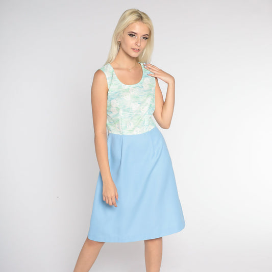 70s Watercolor Mini Dress Blue Green Sleeveless High Waist Small