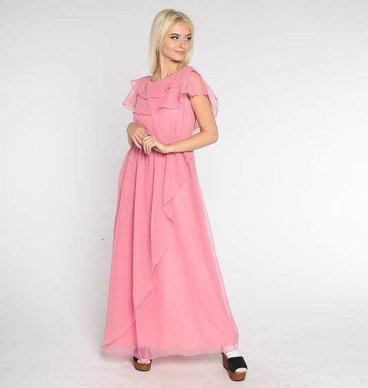 70s Pink Chiffon Maxi Dress Grecian Capelet Flutter Sleeve High Waist Extra Small