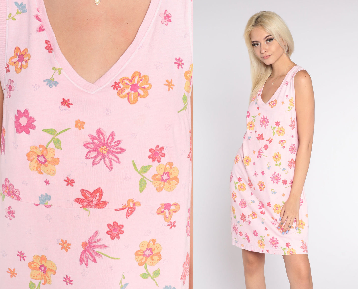 Y2K Pink Floral Tank Mini Dress V-Neck Cotton Small