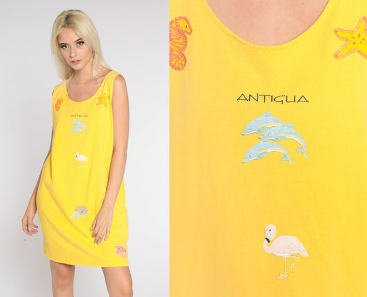 90s Antigua Yellow Mini Tank Dress Embroidered Sea Creatures Medium