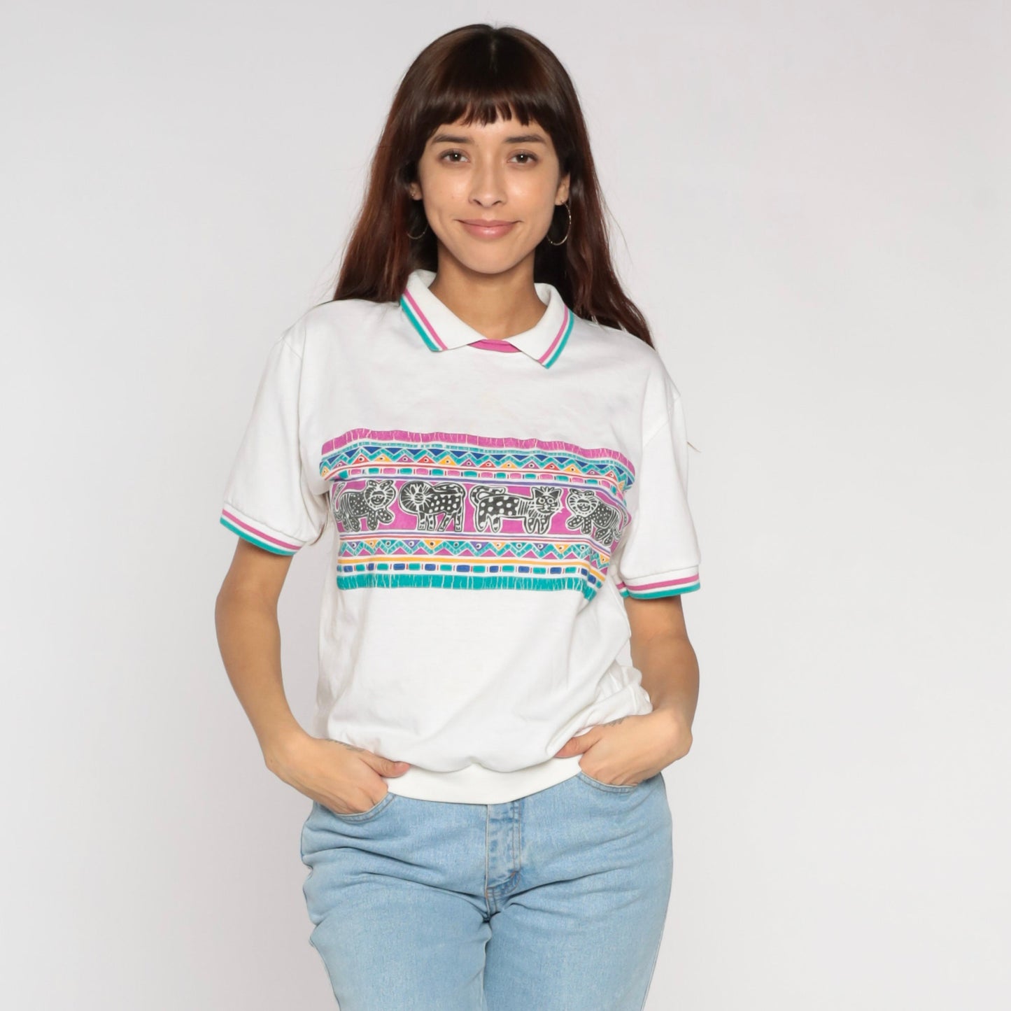 90s Big Cat Polo Shirt White Geometric Lion Tiger Print Medium