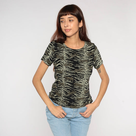 90s Bentley Leopard Animal Print Shirt Short Sleeve Blouse Small Medium
