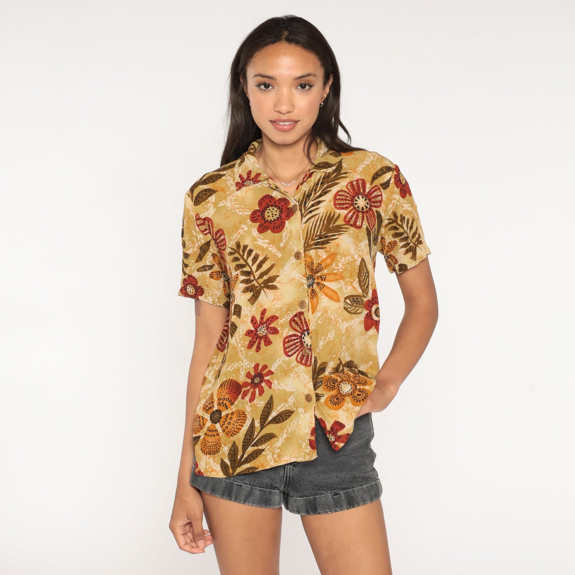 90s Floral Brown Rayon Blouse Short Sleeve Button Up Tropical Print Medium