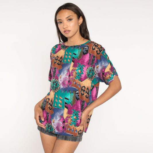 90s Geometric Southwest Blouse Short Sleeve Jewel Tone Rayon Large L