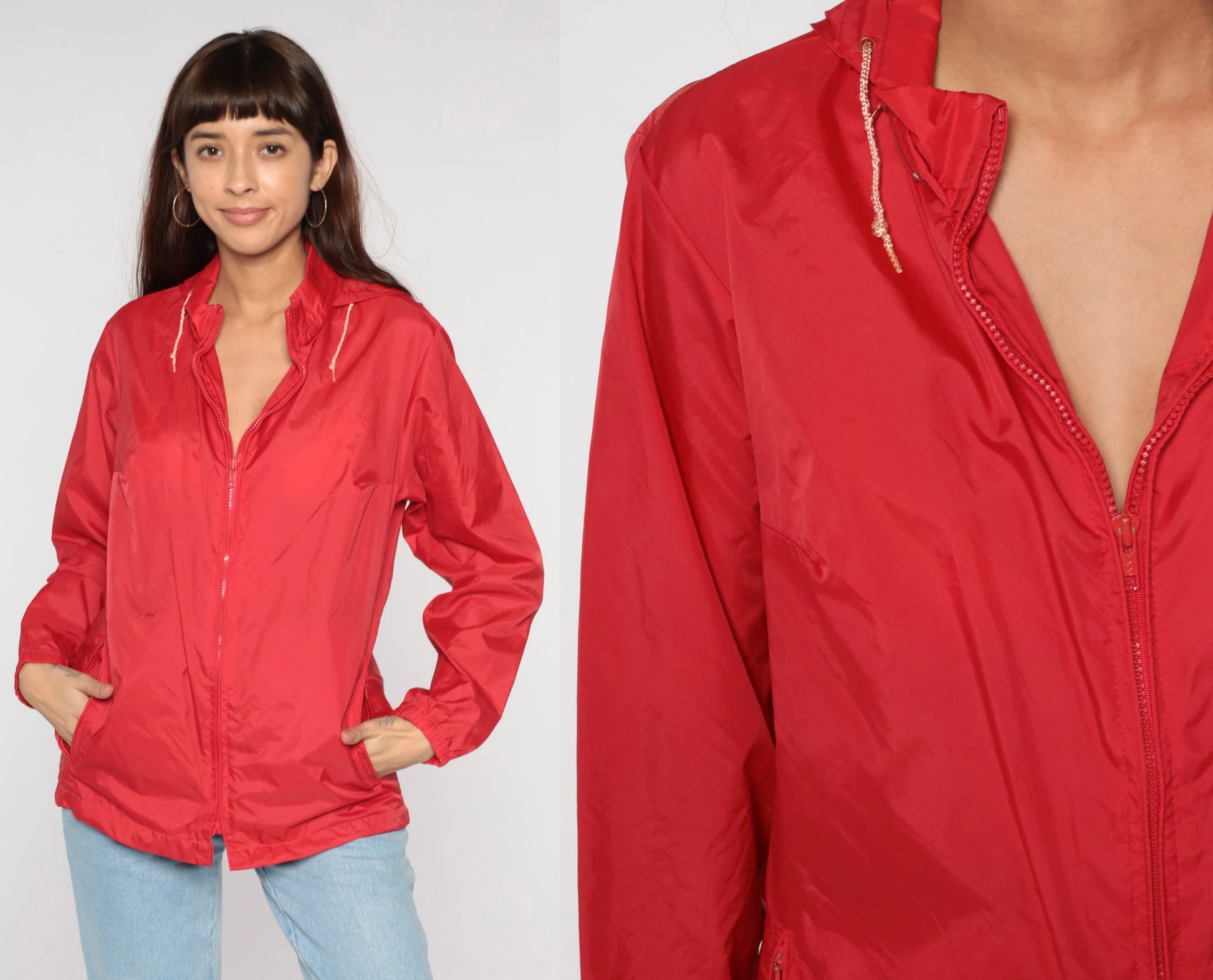 80s LL Bean Red Hooded Windbreaker Nylon Zip Jacket Small