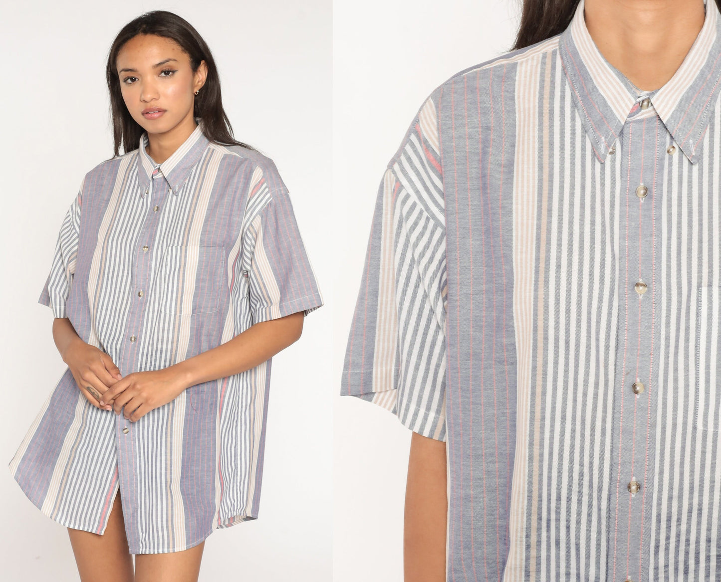 90s Blue White Striped Cotton Button-Up Shirt Chest Pocket Men's Large