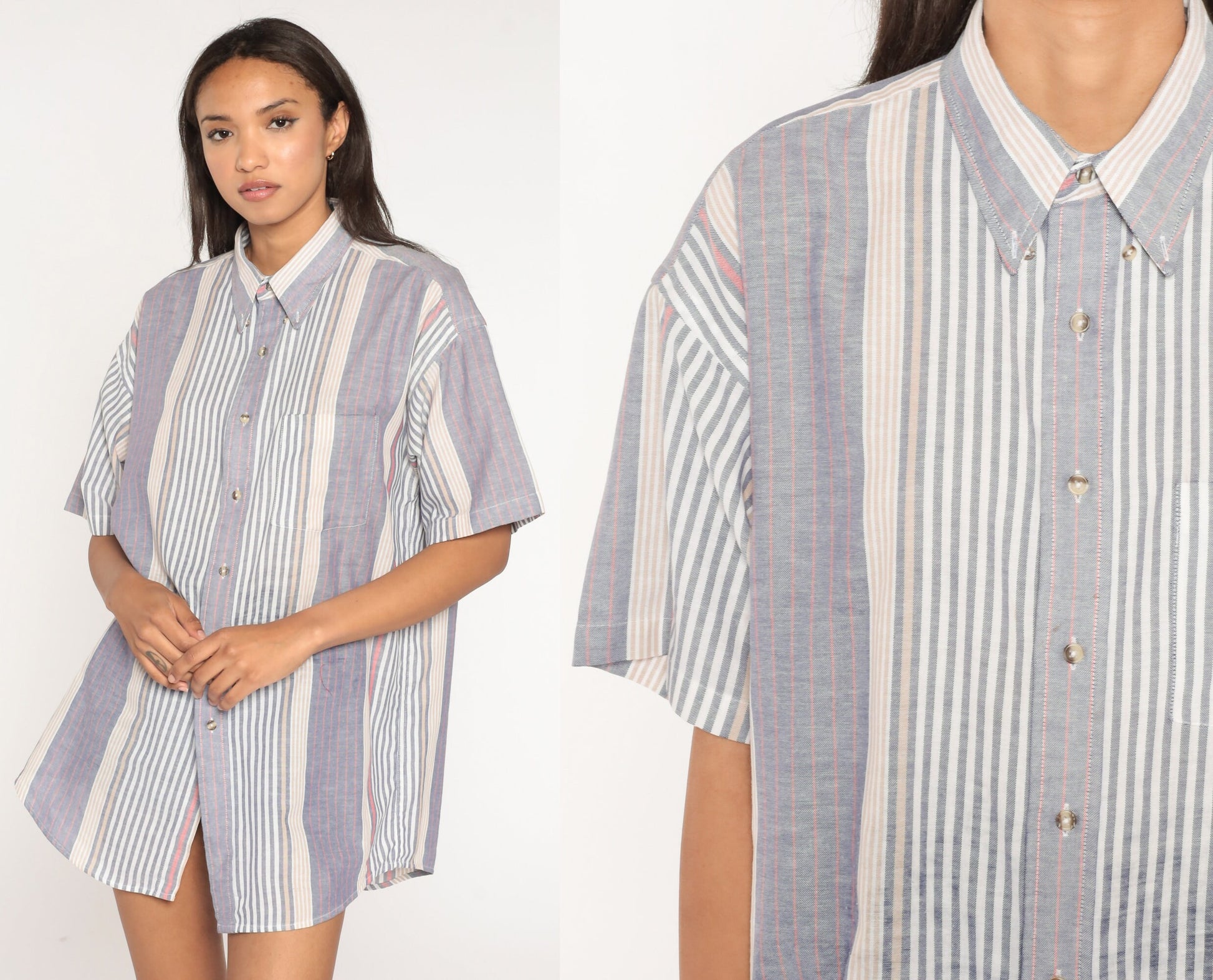 90s Blue White Striped Cotton Button-Up Shirt Chest Pocket Men's Large