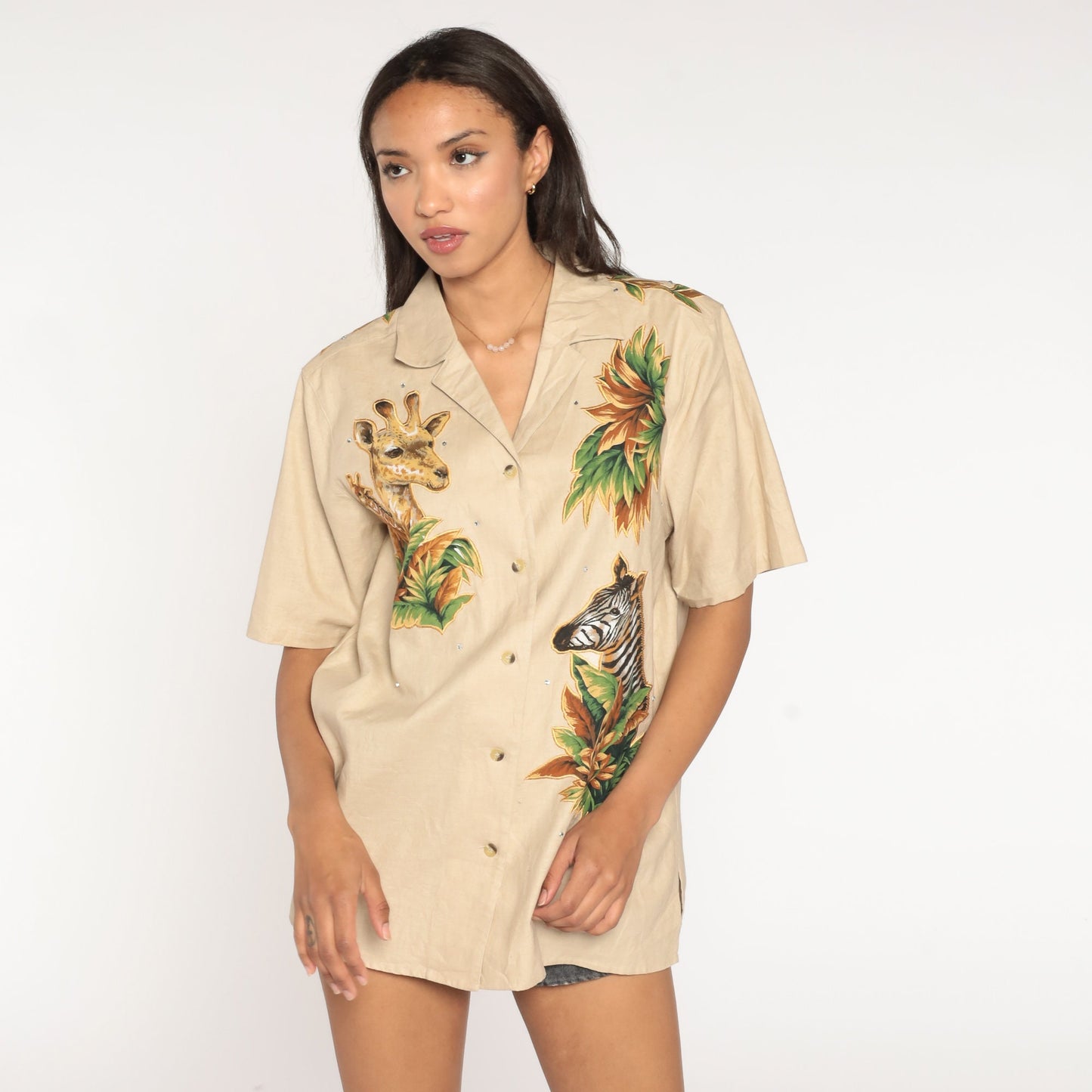 00s Cracker Factory Safari Animal Button Up Shirt Zebra Giraffe Tan Large L