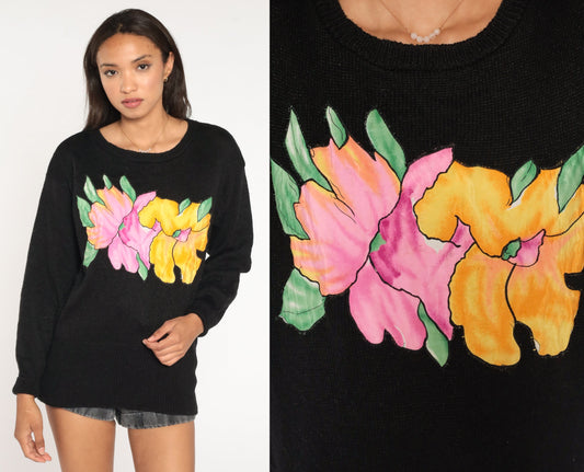 80s Black Floral Knit Sweater Pullover Tropical Graphic Medium