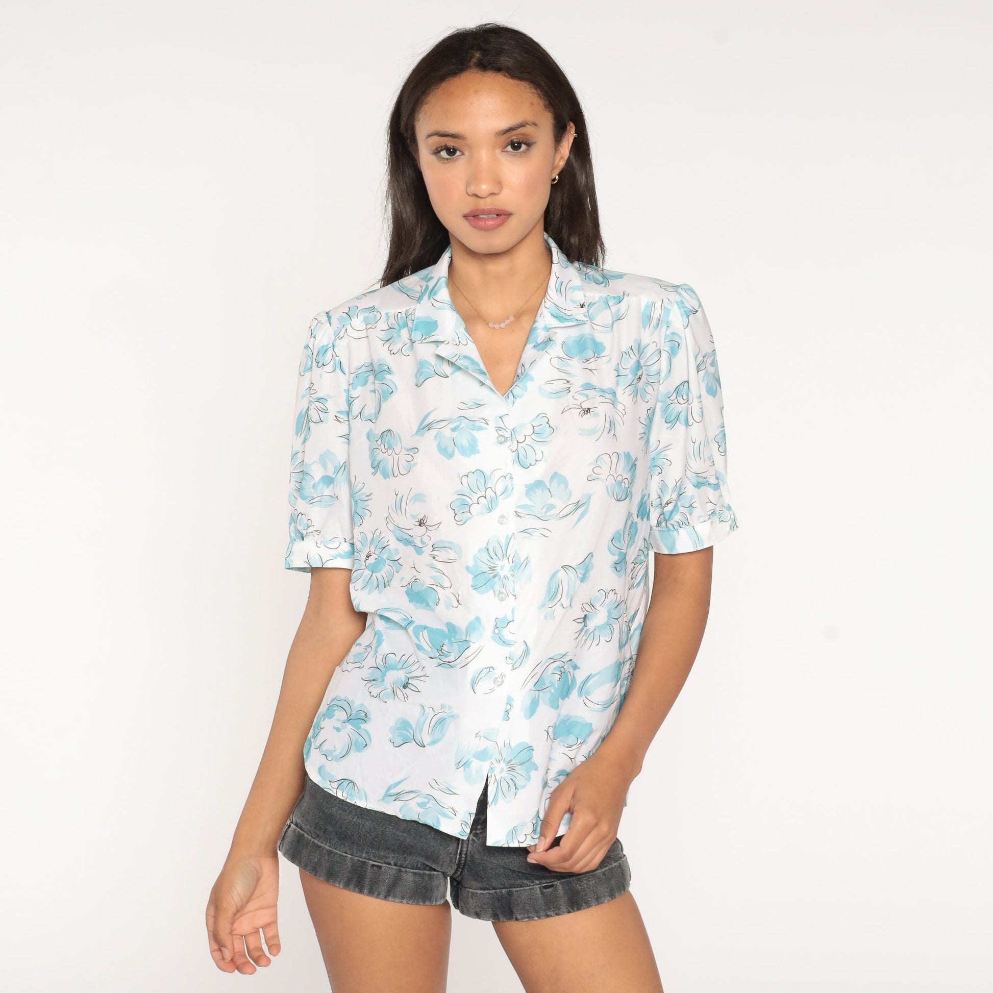 80s Floral Puff Sleeve Button-Up Blouse White Watercolor Print Large L