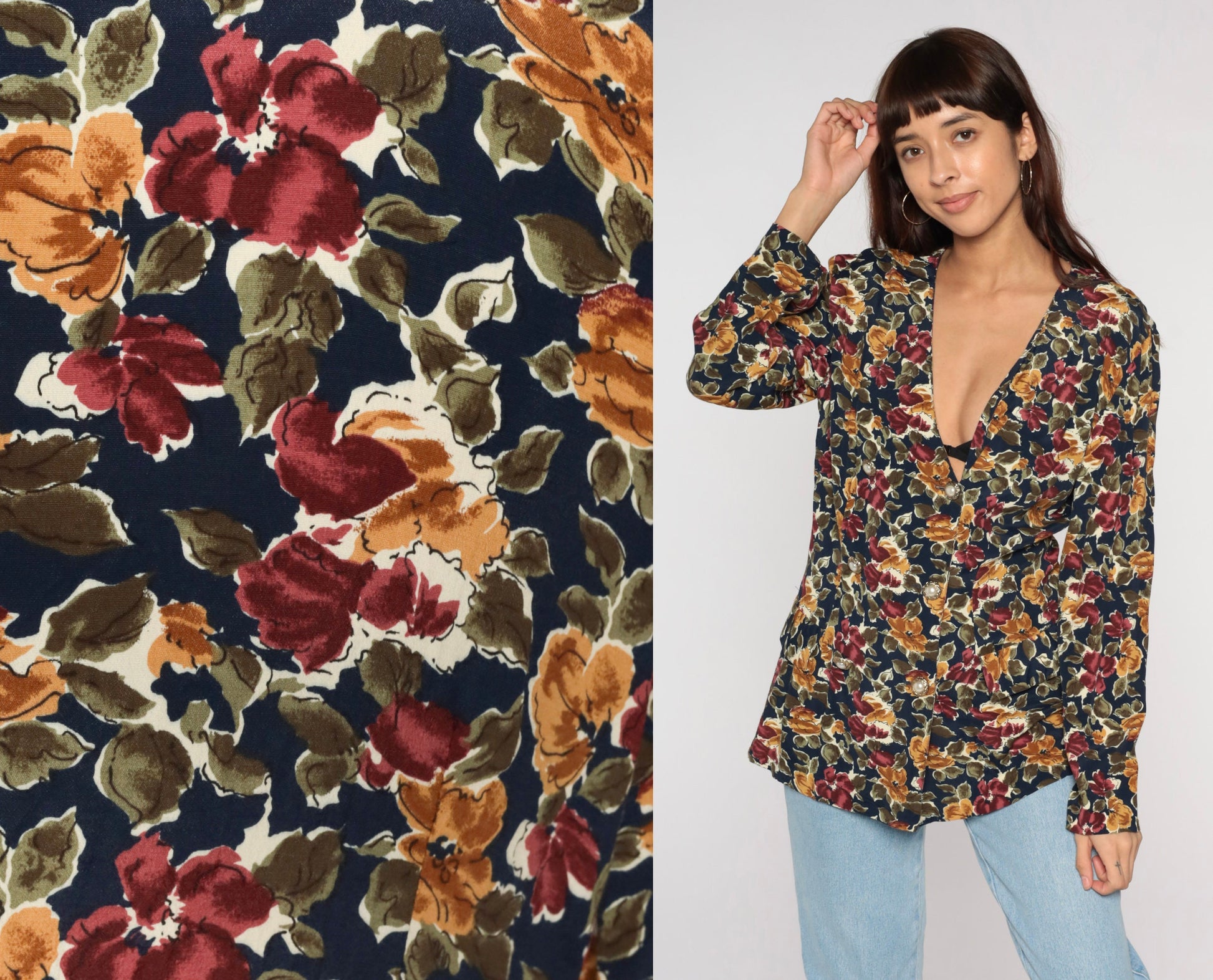 90s Floral Double Breasted Rayon Jacket Medium M