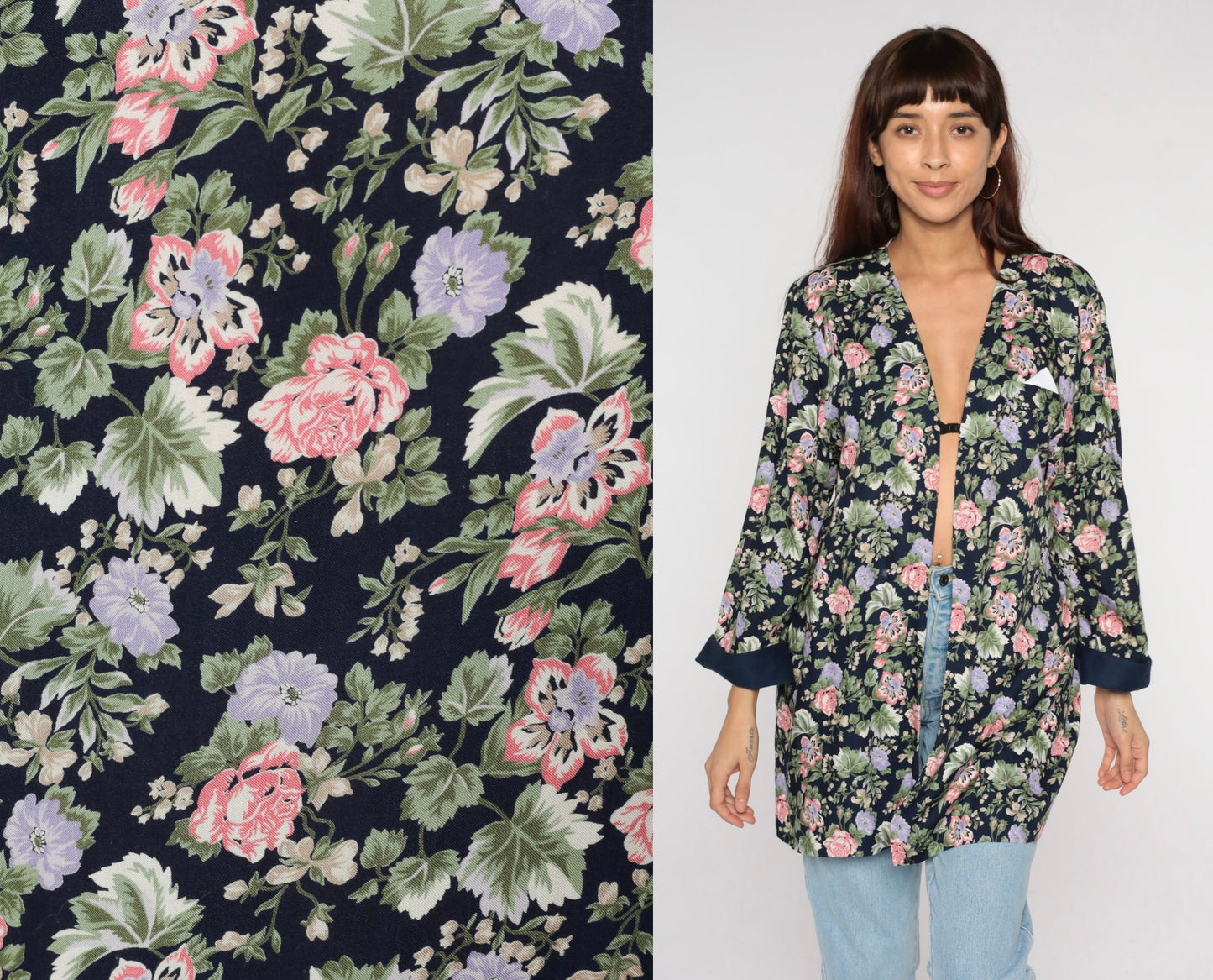 90s Navy Floral Open Front Jacket Rayon Long Sleeve Large L