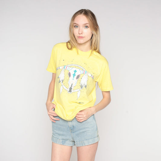 90s New Mexico Dreamcatcher Steer Skull Graphic Tee Yellow Medium