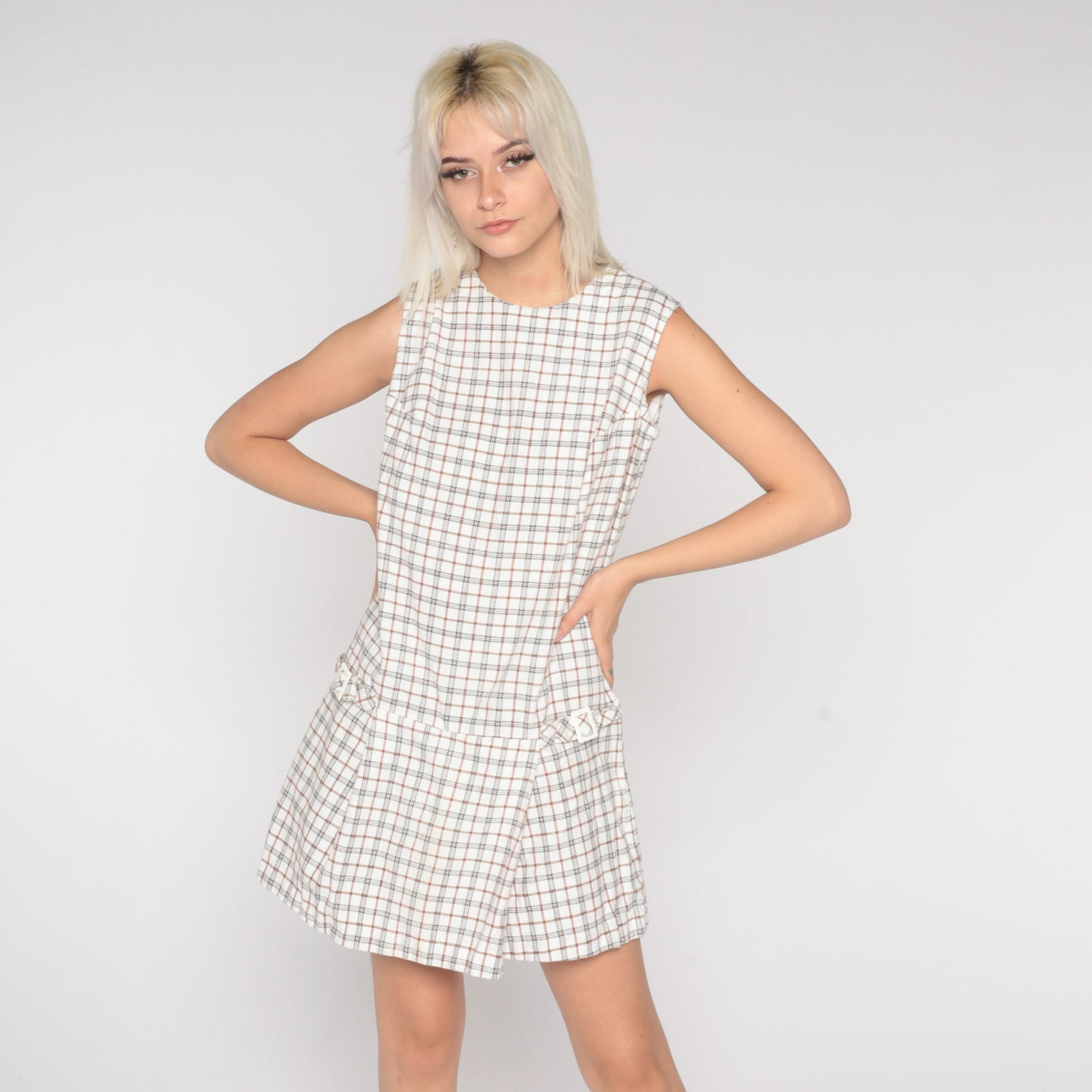 60s White Plaid Drop Waist Scooter Dress Sleeveless Minidress Medium