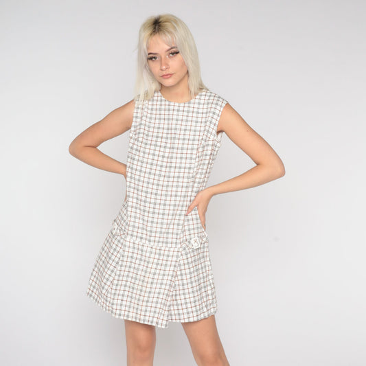 60s White Plaid Drop Waist Scooter Dress Sleeveless Minidress Medium