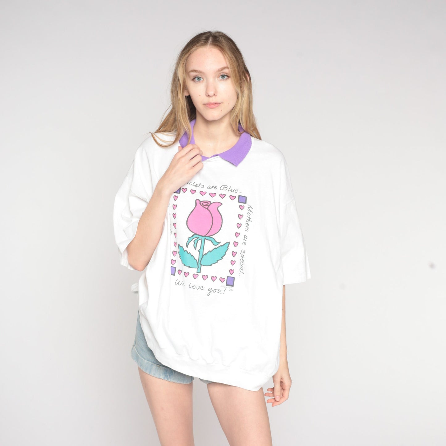 90s Mom Graphic T-Shirt Collared White Purple Rose Heart Tee Plus Size XXL