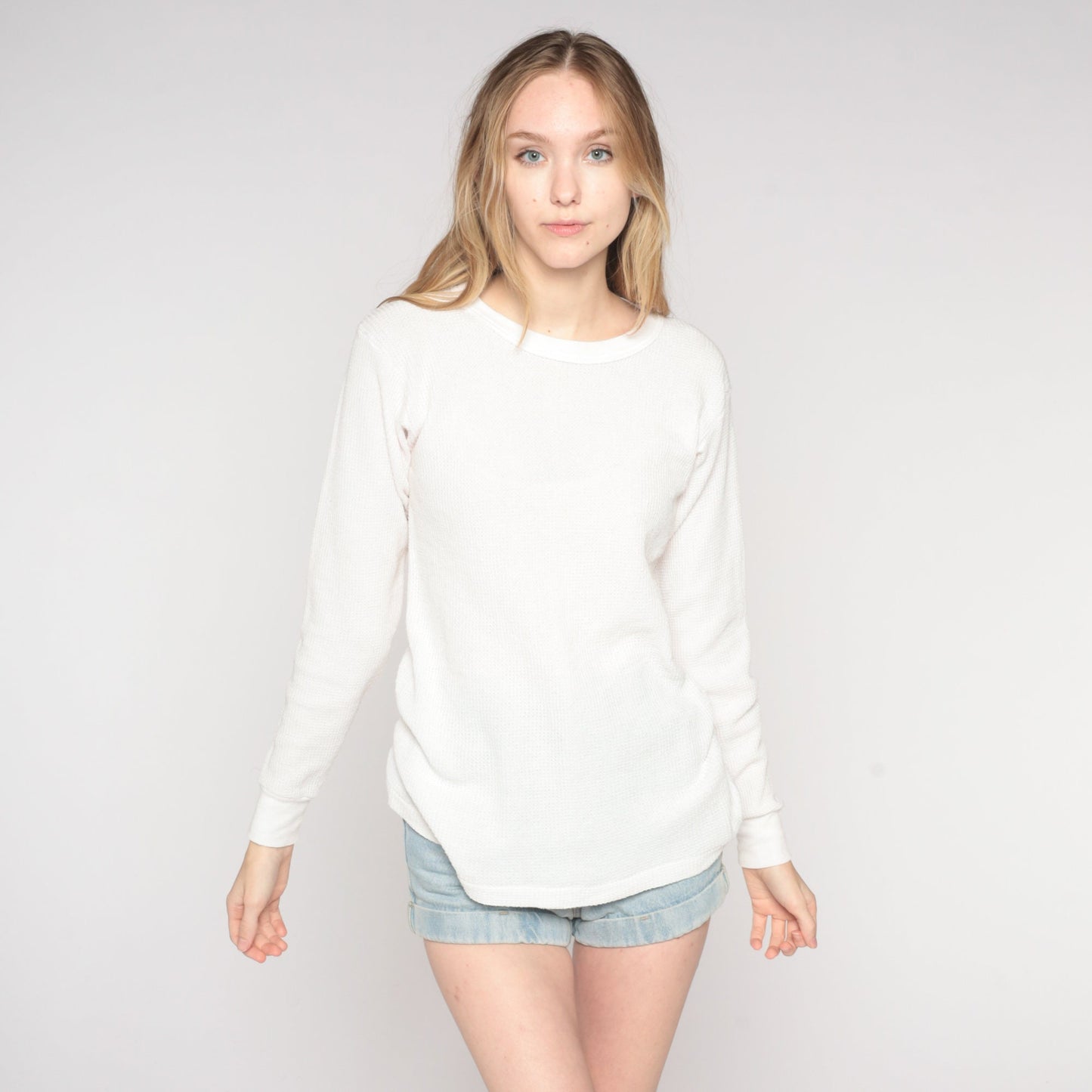 80s White Thermal Waffle Knit Long Sleeve Undershirt Large L