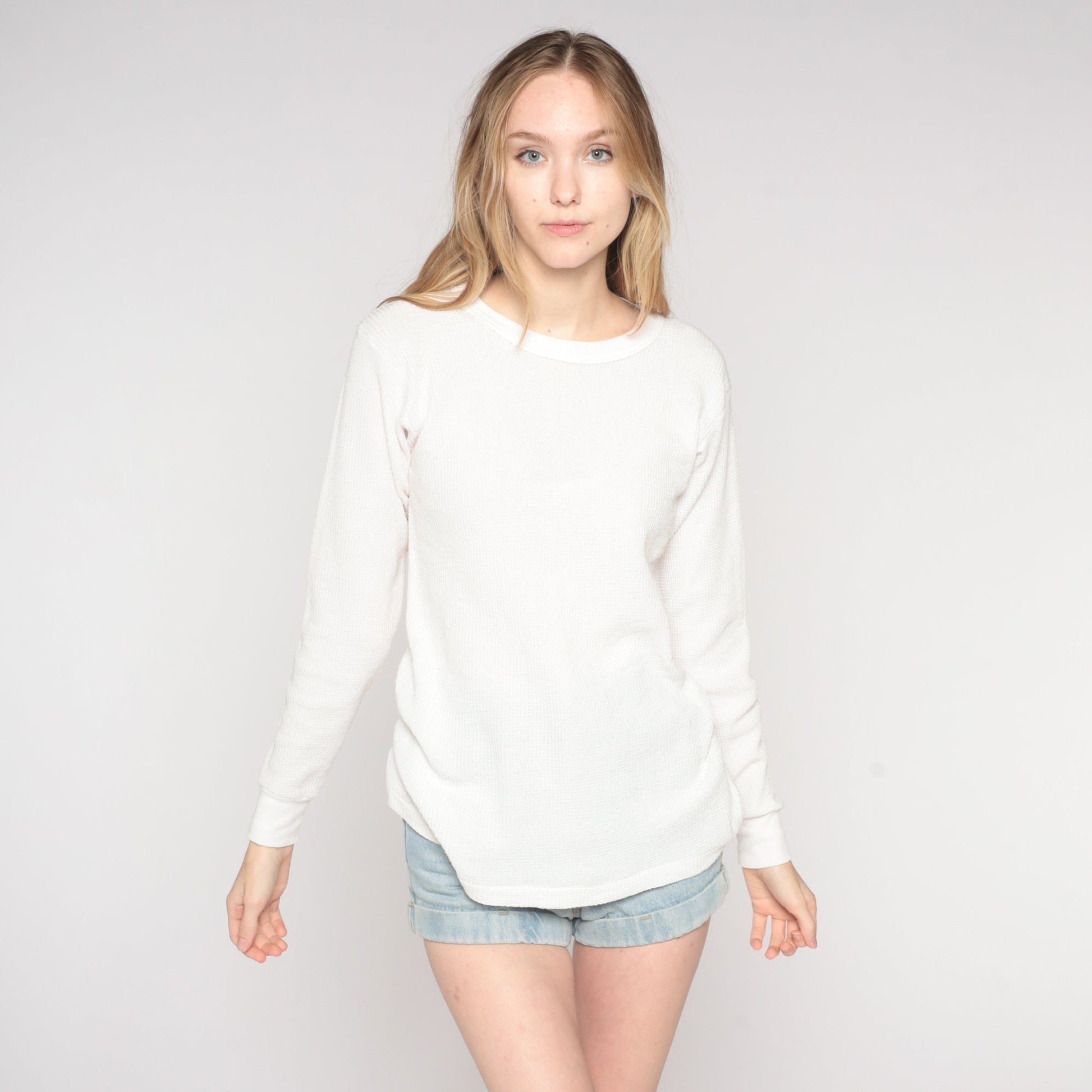 80s White Thermal Waffle Knit Long Sleeve Undershirt Large L