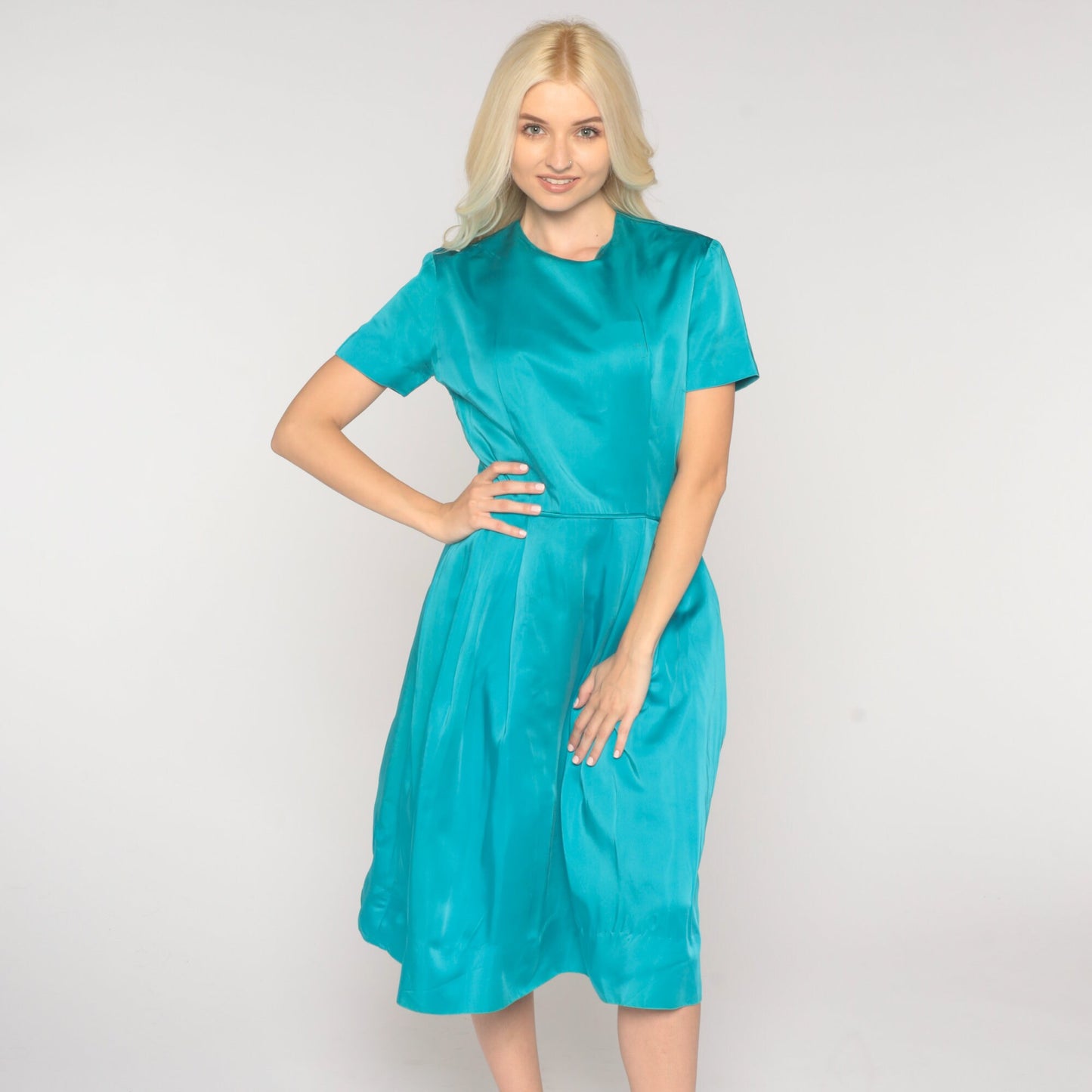 1960s Turquoise Taffeta Party Dress High Waist Side Zip Small S