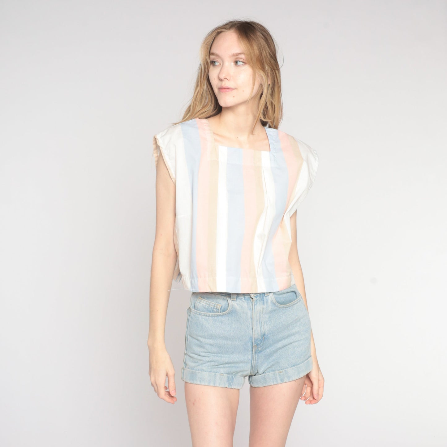 80s Striped Cap Sleeve Tank Top Pastel Blue Pink White Large L