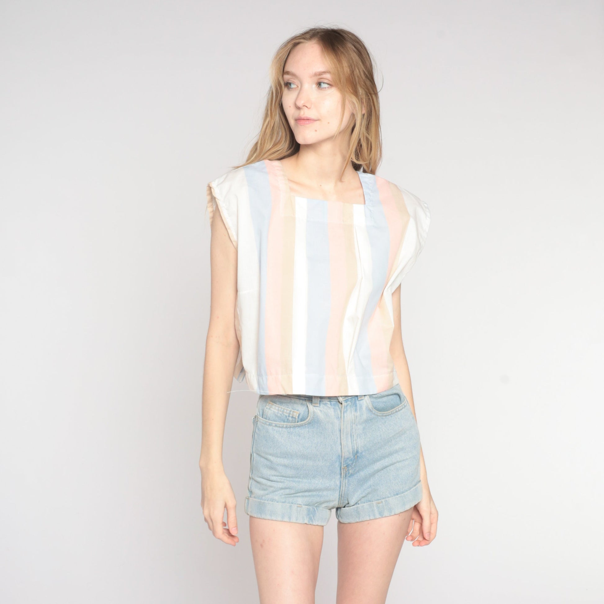 80s Striped Cap Sleeve Tank Top Pastel Blue Pink White Large L