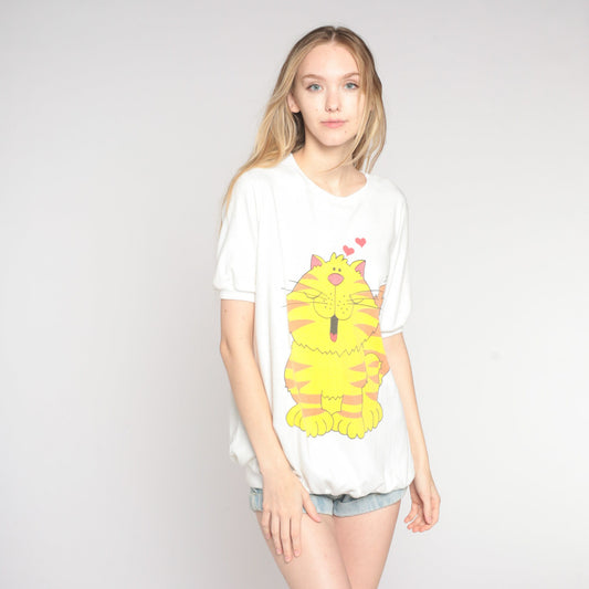 80s Cartoon Cat Heart Graphic T-Shirt White Banded Hem Large L