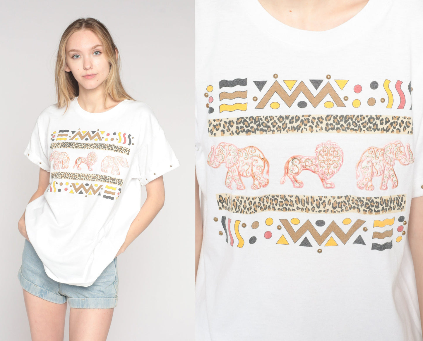 Y2K Safari Animal Studded Graphic T-Shirt White Embroidered Elephant Lion Medium Large