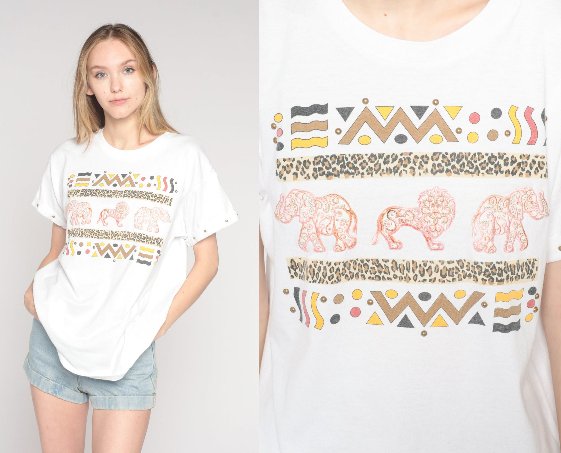 Y2K Safari Animal Studded Graphic T-Shirt White Embroidered Elephant Lion Medium Large