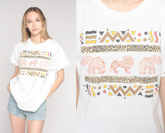 Y2K Safari Animal Studded Graphic T-Shirt White Embroidered Elephant Lion Medium Large