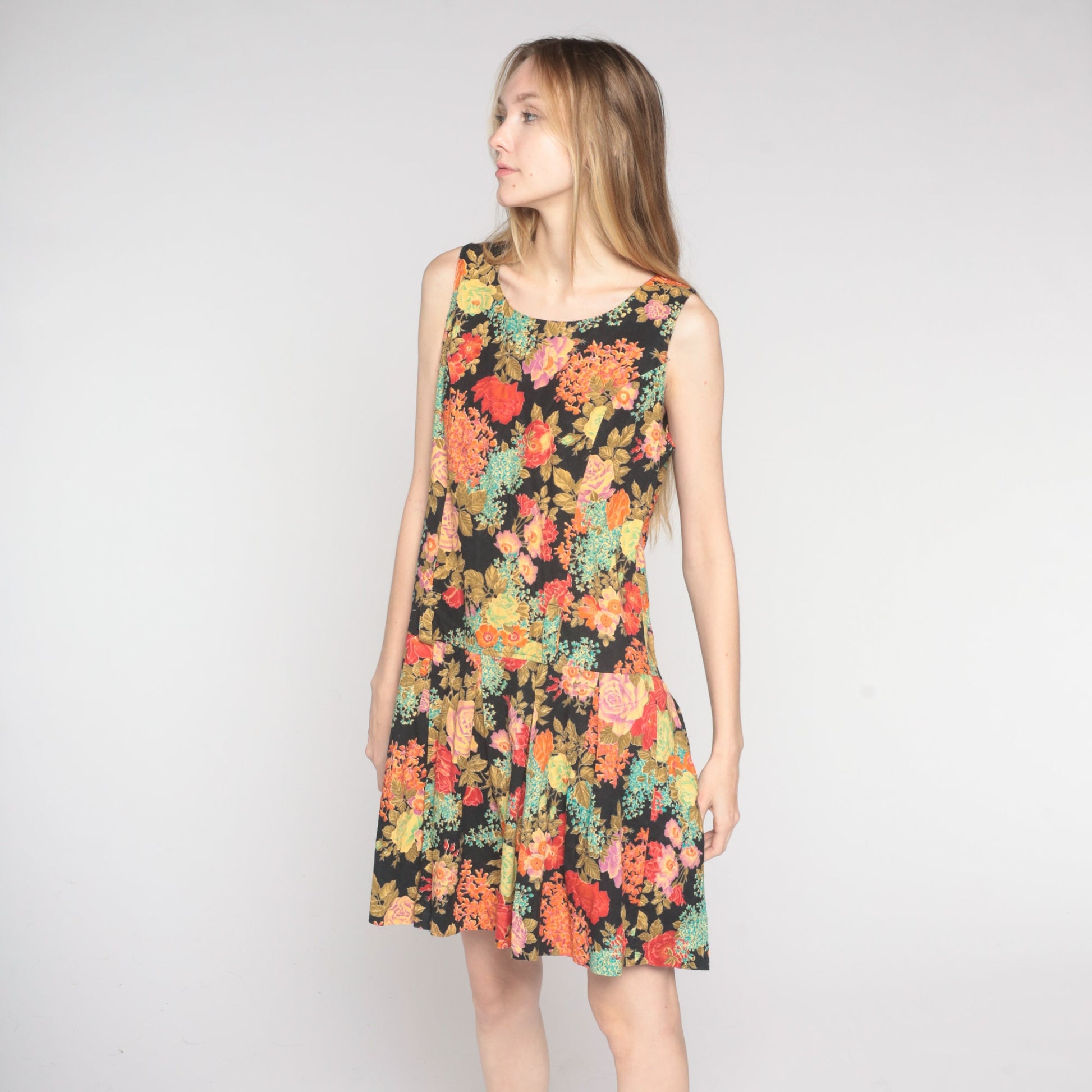 80s Joni Blair Floral Mini Dress Drop Waist Pleated Sleeveless Black Cotton Medium Large
