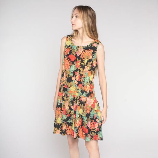 80s Joni Blair Floral Mini Dress Drop Waist Pleated Sleeveless Black Cotton Medium Large