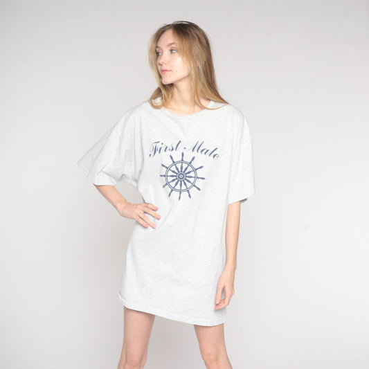 90s First Mate Nautical Graphic T-Shirt Dress Light Grey Cotton One Size