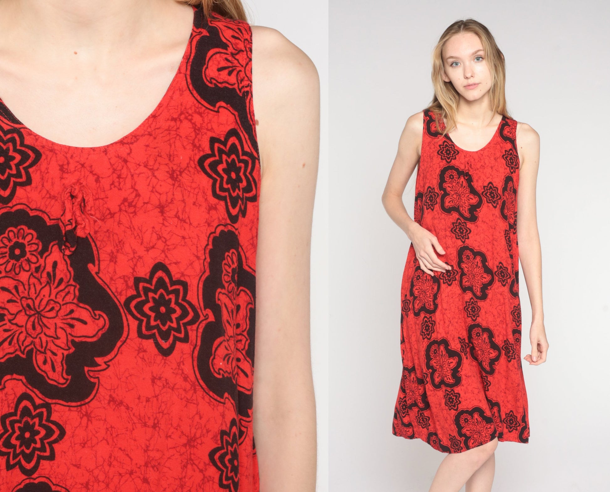Y2K Red Tropical Floral Midi Dress Sleeveless Tent Cut 00s Sundress Medium M