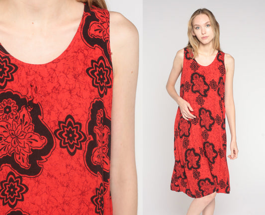 Y2K Red Tropical Floral Midi Dress Sleeveless Tent Cut 00s Sundress Medium M