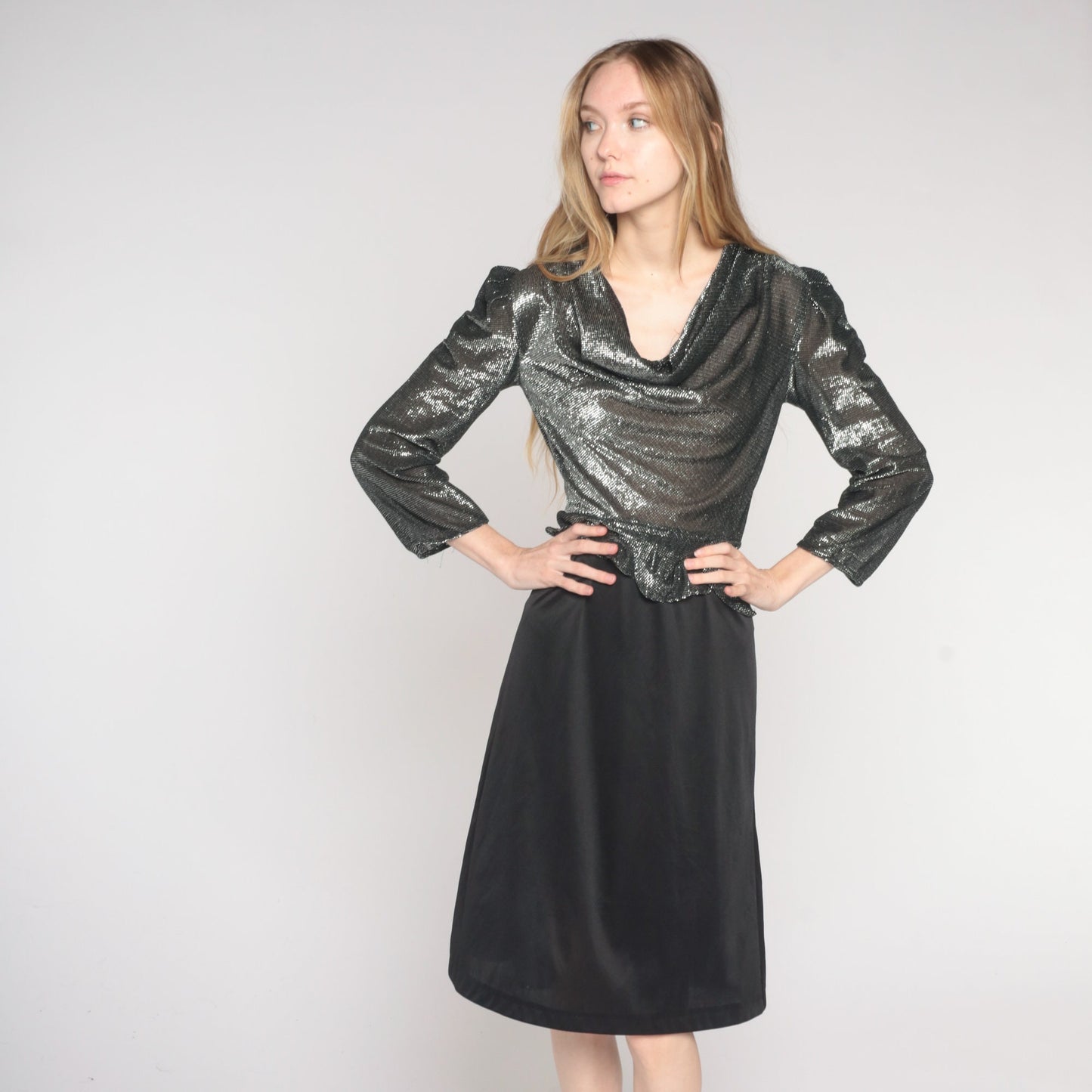 80s Silver Metallic Peplum Midi Dress Cowl Neck Puff Sleeve Small