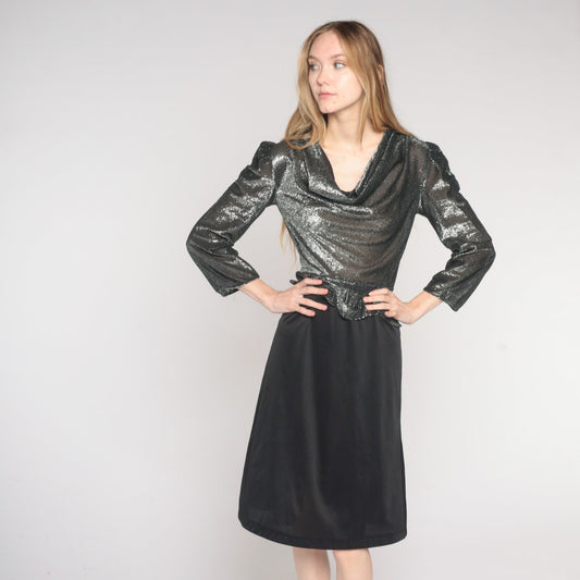80s Silver Metallic Peplum Midi Dress Cowl Neck Puff Sleeve Small