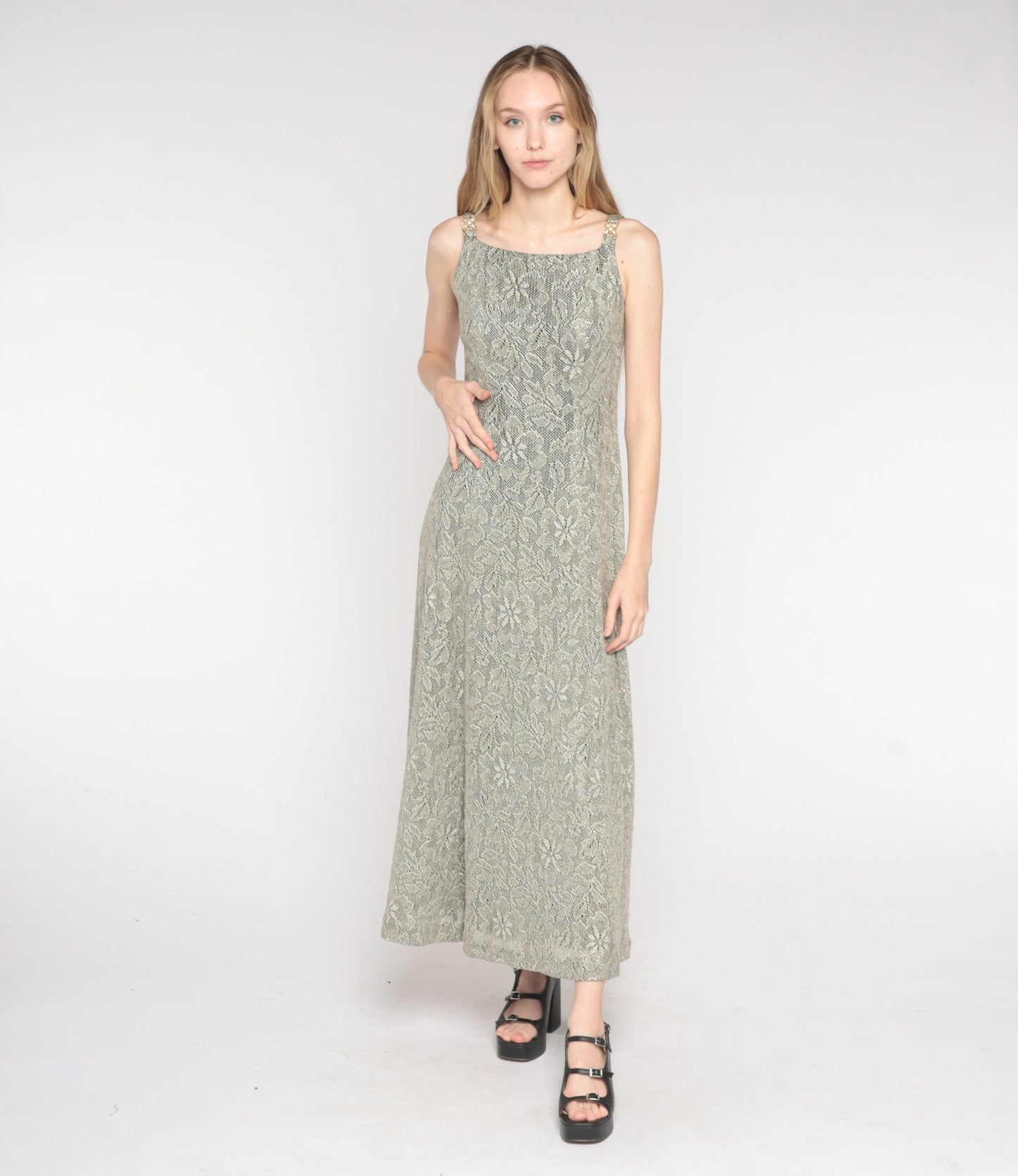 90s Metallic Floral Lace Maxi Dress Sleeveless Column Gown Small