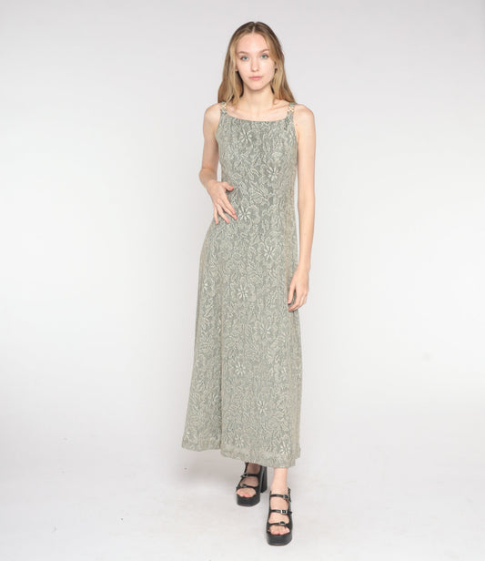90s Metallic Floral Lace Maxi Dress Sleeveless Column Gown Small