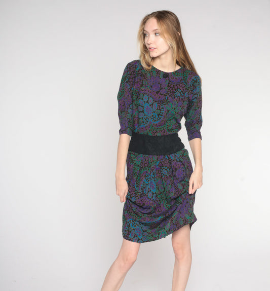 80s Paisley Shift Dress Black Purple Green Blue High Waist Knee Length Extra Small